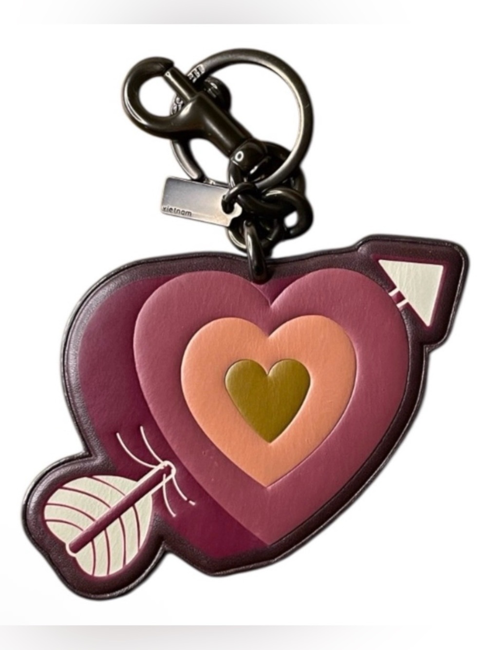 COACH Heart Arrow Leather Bag Charm Keychain Plum, Pink & Gold
